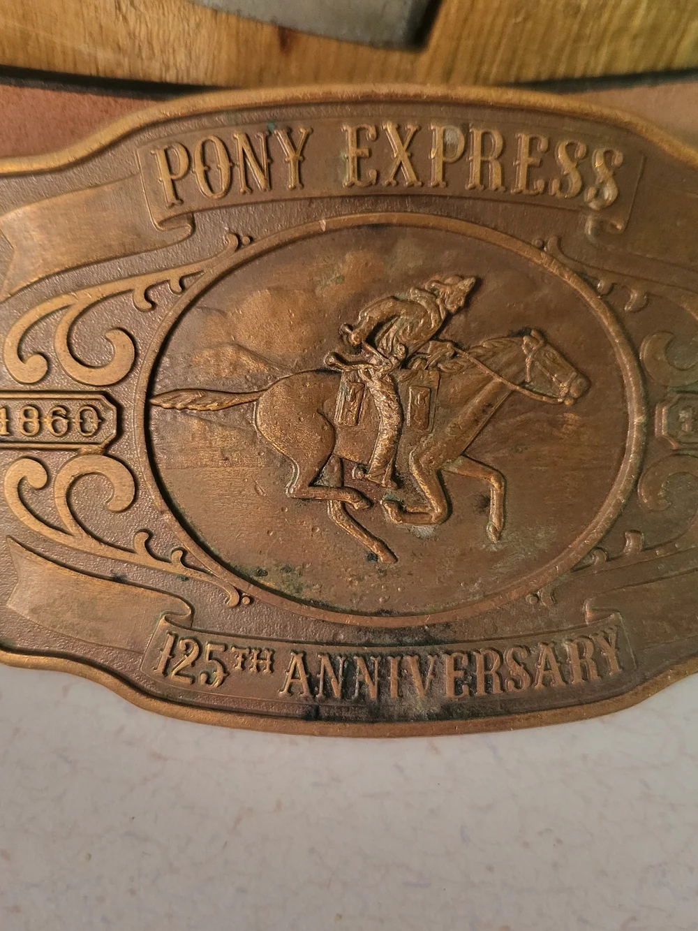 Vintage 80's 1985 Pony Express 125th Anniversary Bronze Belt Buckle With Belt